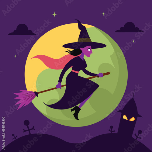 halloween witch flying on broom