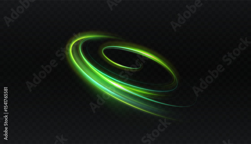 Green rotating light swirl with speed effect on dark background. Bright neon swirl with shimmering glow and glitter elements.