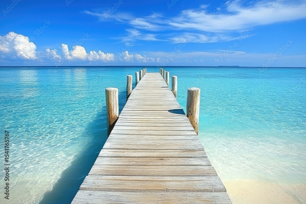 Obraz premium Serene wooden pier extending into turquoise water, under a vibrant blue sky