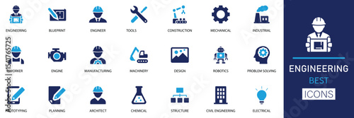 Engineering focuses on innovation, and problem solving across mechanical, civil, electrical, and industrial fields. It drives technology, precision, and progress in modern industry. Vector icon set.