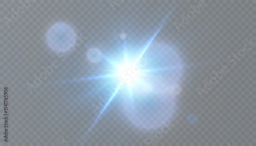 Bright blue light explosion with rays and halo. Glowing blue beam in the form of a flash with a lens effect and glare on a transparent background.