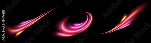 Curved light streams with bright glow in pink-orange tones on a black background. The effect of acceleration of light and shine on a black background.