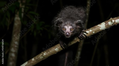 Aye-aye Lemur Perched on Branch at Night, Close-up Wildlife Observation