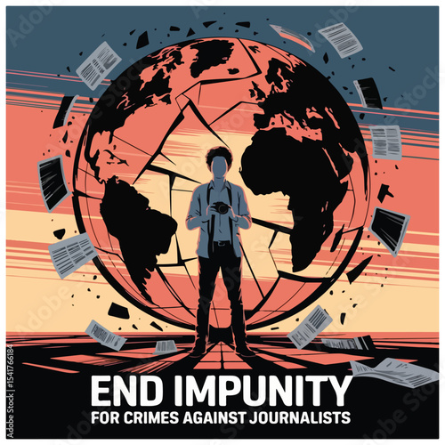Bold flyer featuring journalists, justice scales, and shattered chains to highlight press freedom awareness.