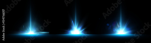 Set of blue glowing energy flashes with vertical light rays on black background. Light effect for design and illustrations. Vector