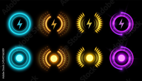 Futuristic vector interface elements with bright ring indicators. Energy, impulses and stylish user interface design in sci-fi colors.