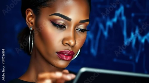 Black woman using tablet with technology background. Innovative future, tech startup, business, website, app development, modern graphic design. 4k video
