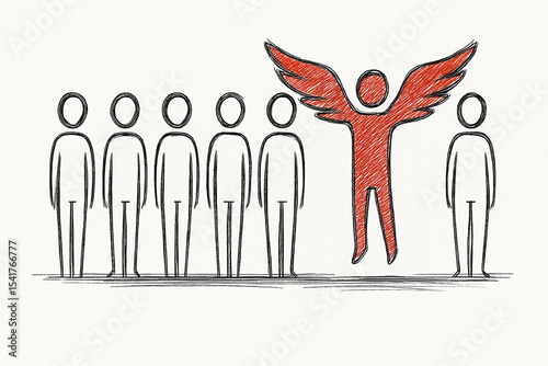 Sketch of a standout red figure with wings among plain figures, symbolizing uniqueness and leadership photo