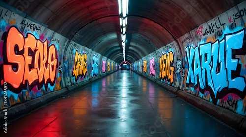 A subway tunnel with electric graffiti walls