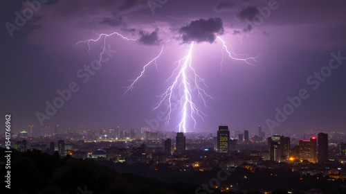 A thunderstorm over a city glowing purple photo