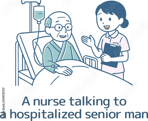 入院しているおじいさんと話をする看護師
A nurse talking to a hospitalized elderly man