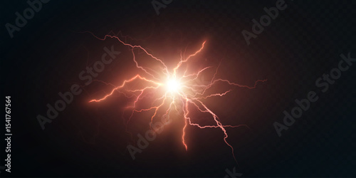 Powerful flash with electric discharges on a dark background. Light explosion with energetic lightning and dynamics of a high-voltage pulse. Vector