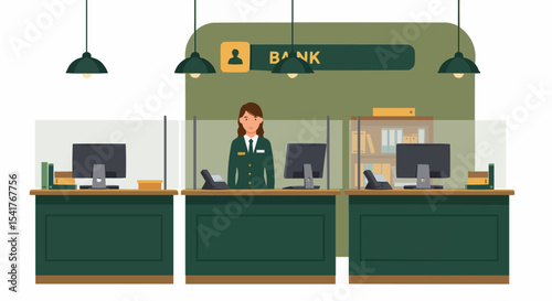 Modern bank counter with a professional employee serving clients, organized layout, copy space