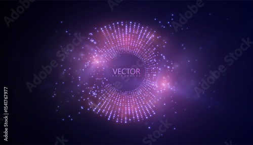 Bright radial structure made of luminous digital dots with particle dispersion on dark tech background. Suitable for futuristic dashboards, visual data interfaces, and cyber concepts.

