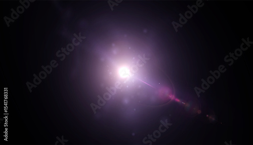 Bright purple light source with rays and halo. Glowing blue beam in the form of a flash with lens effect and glare on a black background.. Adobe Illustrator Artwork