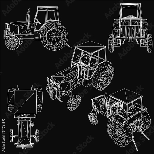 Detailed tractors in a set, each with unique design and bright colors, isolated on a black background for high contrast. The illustration highlights distinct features like wheels, cabins