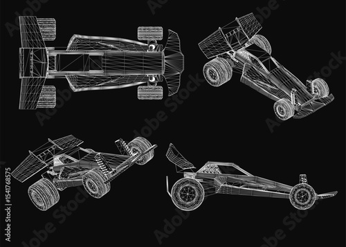 A sleek 3D wireframe race car model stands out against a black background, showcasing intricate design details. The toy car set features realistic rendering with a futuristic aesthetic.