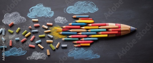 The vibrant rocket made of colored pencils soaring through chalky clouds.