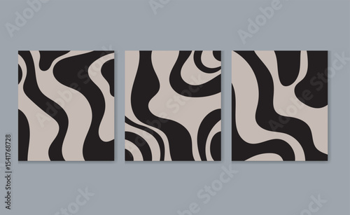 Modern abstract vector triptych with bold black and beige wave pattern, minimalist aesthetic ideal for contemporary interiors, wall art, and versatile creative design applications
