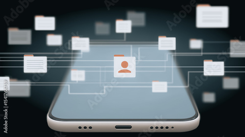 Smart Phone Data Network: A cutting-edge representation of a smartphone, acting as the central hub connecting to various digital folders, highlighting seamless data transfer.
