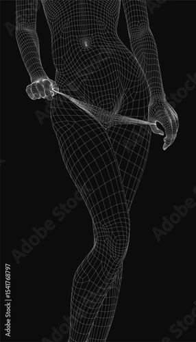 Skeletal girl in neutral pose holds her panties with her fingers with clear geometric lines, digital model of person for 3D design projects. Transparent mesh structure highlights anatomical details
