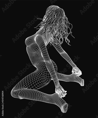 The Wireframe nude woman model sits and holds her heels with her hands in a concise digital design. Minimalistic 3D model curves and contours, ideal for use in a technological or futuristic style.