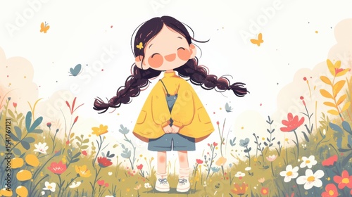 A cheerful girl in a yellow jacket stands amidst a vibrant field of flowers and butterflies.