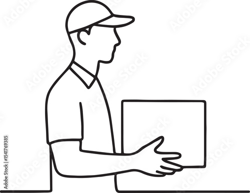 Continuous one line art illustration of delivery man holding cardboard box