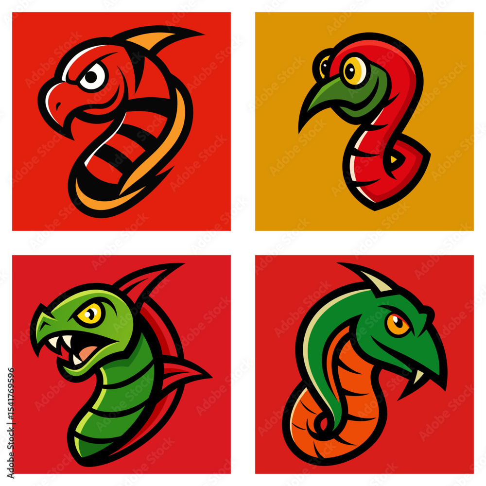 Fototapeta premium Collection of cartoon snake illustrations with varied colors and expressions in square frames