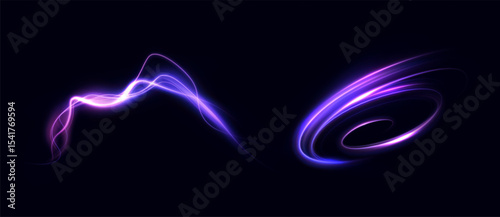 Dynamic purple light swirls and glowing wave shapes on dark backdrop. Suitable for sci-fi motion design, digital speed effects, and energy interface highlights.

