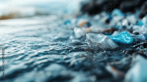 Fragments of plastic waste float atop clear water, embodying the urgent need for environmental awareness and action against pollution threatening marine ecosystems and wildlife.