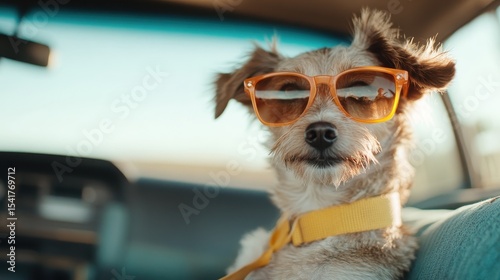 A fashionable dog donning sunglasses sits comfortably in a car, embodying a playful and adventurous spirit that resonates with pet lovers and animal enthusiasts alike.