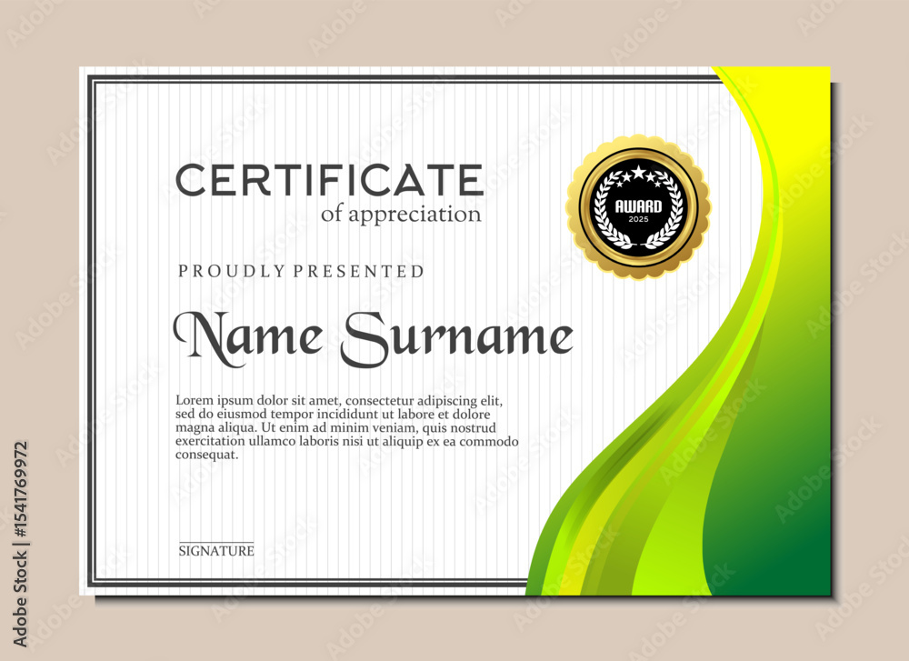 Obraz premium Modern Certificate of Appreciation Template with Green Gradient and Gold Badge