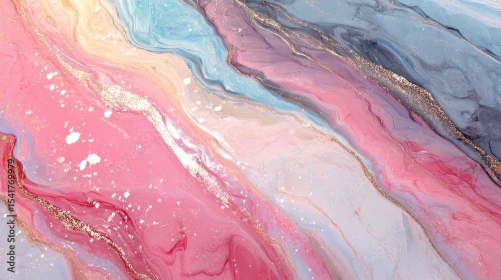 Naklejka premium Mesmerizing Abstract Art: Vibrant Fluid Dynamics and Pastel Waves with Gold Accents