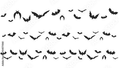 Bat silhouette border divider, halloween simple ornament. Scary decor garland. Vintage party or banner decor. Spooky design element.