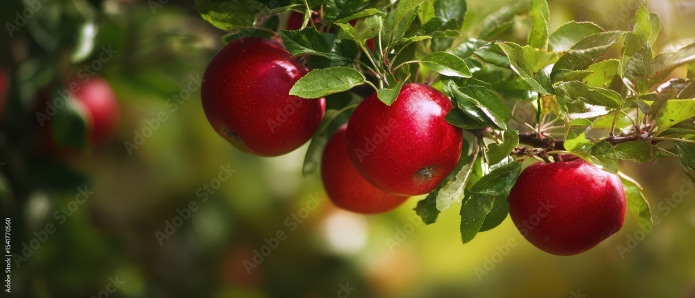 Obraz premium The vibrant red apples hanging from a lush green branch in sunlight.