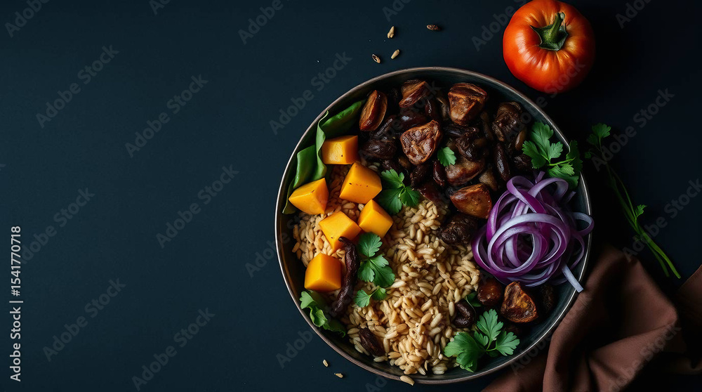Fototapeta premium Vegan Food Bowl with Quinoa Mushrooms Pumpkin Onion