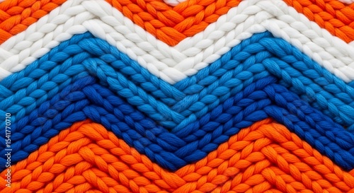 Chunky Knit Blanket  Vibrant Zigzag Pattern in Blue, White, and Orange Wool