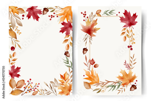 Watercolor autumn leaves frames with text space. Hand painted fall border for cards and invitations