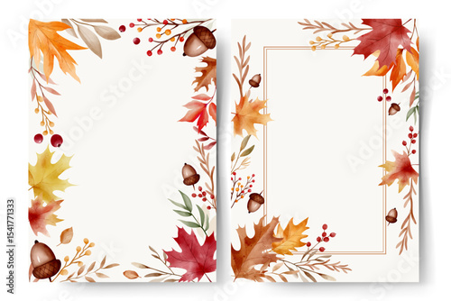 Watercolor autumn leaves frames with text space. Hand painted fall foliage border for cards and invitations