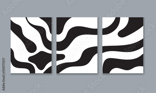  Abstract vector triptych with black and white wave patterns across three panels, featuring bold graphic style and cohesive design ideal for modern minimalist interior wall art