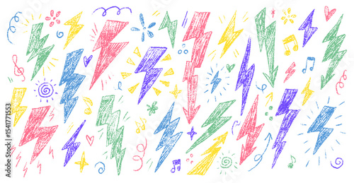 Colorful Crayon Lightning Drawings with Symbols and Notes in Vector Style