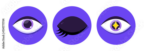 Set of human eyeball icons in flat style. Open eye, closed eye with eyelashes, eye with shiny star of delight. Vector illustration
