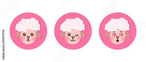 Cute cartoon sheep round icons. Lamb flat icons. Vector illustration