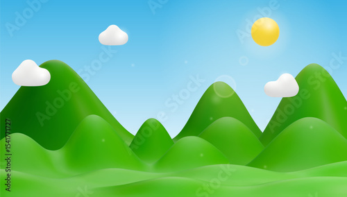 3D Vector Minimalist Illustration of Green Hills and Blue Sky