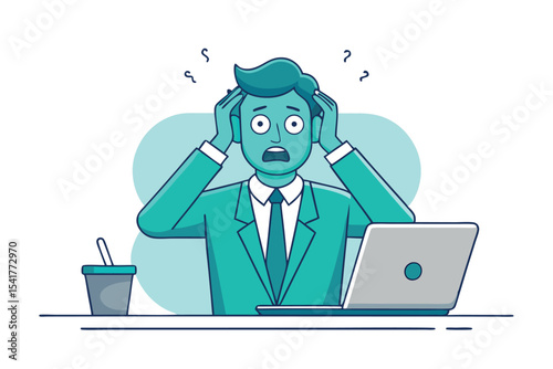 Cartoon Man Under Pressure Depicts Stressful Work Life Sitting Behind Desk With Computer Grasping Head and Looking Overwhelmed
