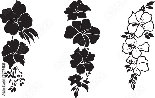 Elegant Hibiscus Flower Silhouettes A Trio of Black and White Floral Designs for Creative Projects Perfect for Invitations Tattoos and Graphic Elements with a Tropical