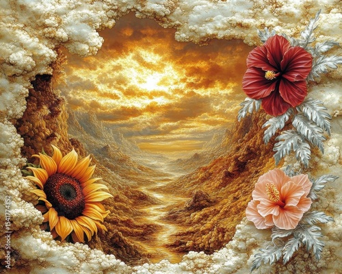 Golden Sunset Valley With Sunflowers And Hibiscus