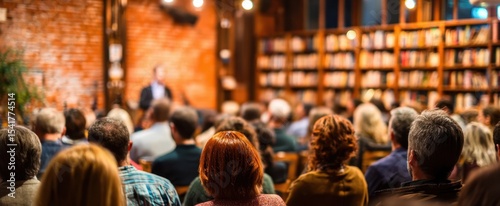 The intimate setting of a library gathering with an engaged audience listening thoughtfully.