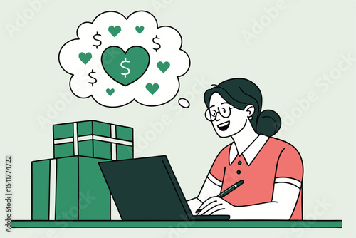Online Shopping Joy A Woman's Daydream of Hearts Money and Gifts While Browsing on Her Laptop